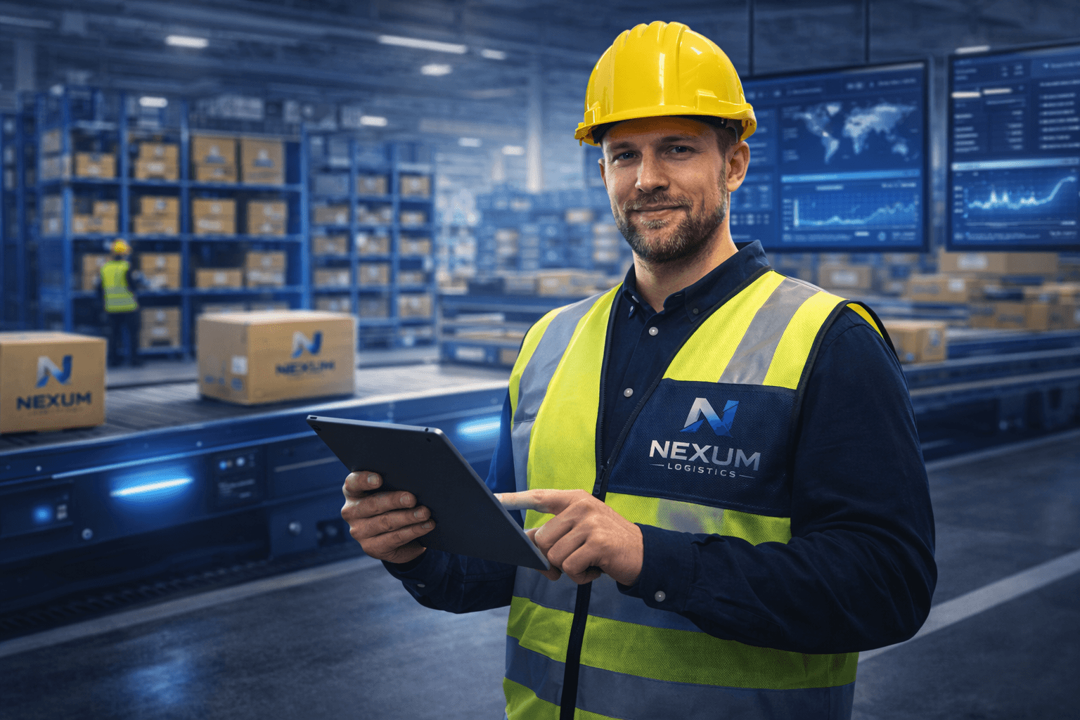 Especialista Nexum Logistics con tablet en bodega